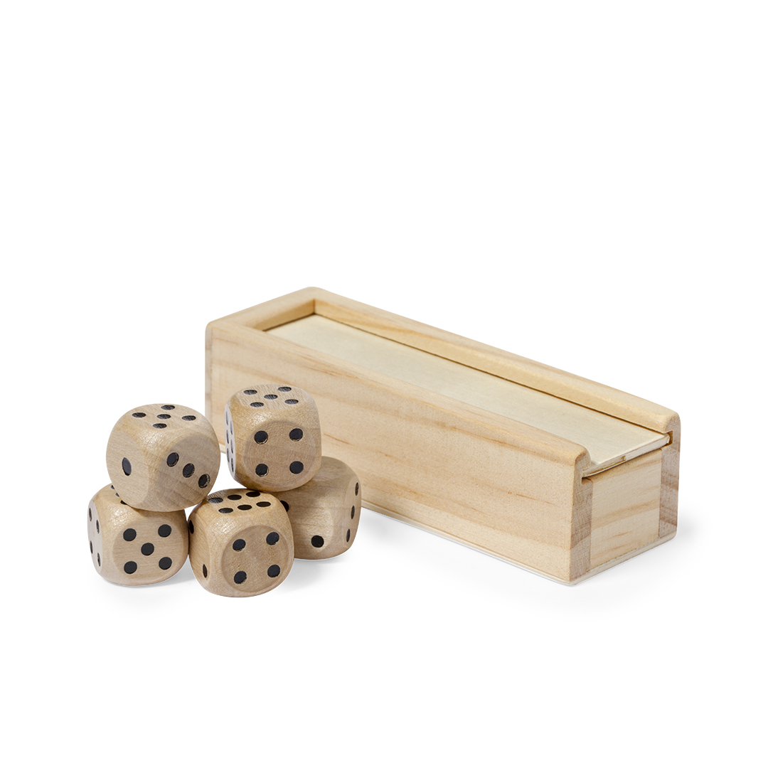 Jogo de cinco dados em madeira com estojo Atanin
