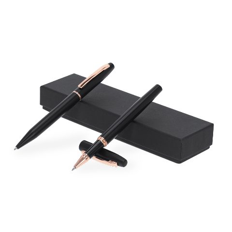Conjunto esferográfica e roller preto e ouro rosa Mobex