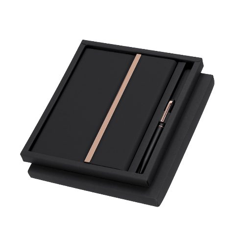 Conjunto bloco de notas e caneta preto e ouro rosa Kassex