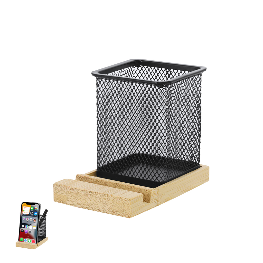 Porta-lápis em malha metálica com suporte para telemóvel Manish