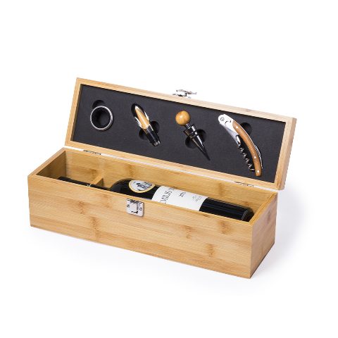 Set de vinho em bambu com acessórios inox Boriax