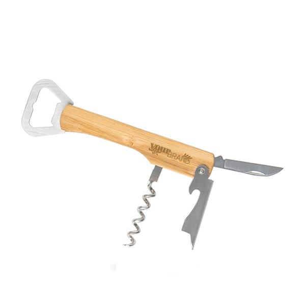 Saca-rolhas em bambu e aço inox com canivete Bamboo Opknife