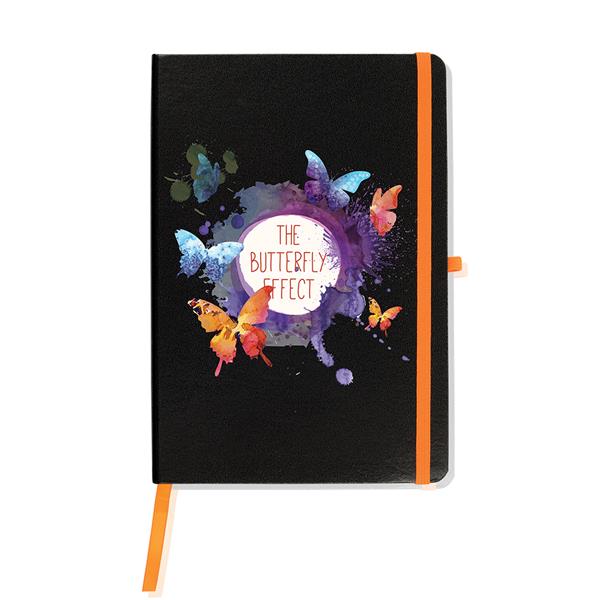 Bloco de notas A5 preto com detalhes coloridos Happynote