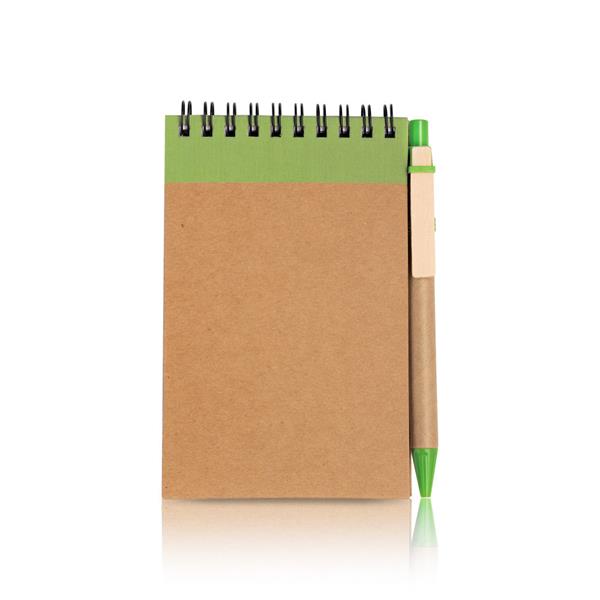 Bloco A6 em cartão com argolas e esferográfica Recynote A6