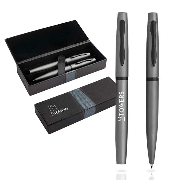 Conjunto esferográfica e roller em metal com estojo Mety