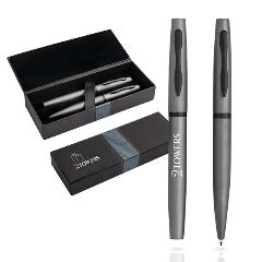 Conjunto esferográfica e roller em metal com estojo Mety