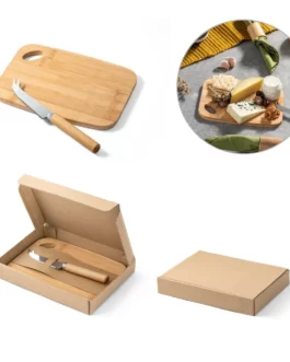 Conjunto com tábua de corte e pequena faca de queijo em bambu. Fornecido em caixa de papel kraft