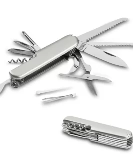 Canivete multifunções em aço inoxidável e plástico com 13 funções