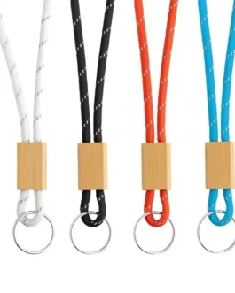 Porta-chaves tubular em poliéster, ajustável em bambu e mosquetão