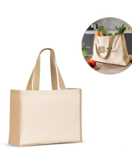 Saco em canvas  (320g/m²), com fundo e laterais em juta laminada (350 g/m²) de tons naturais