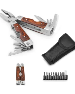 Alicate dobrável com ferramentas multifunções em aço inoxidável e madeira