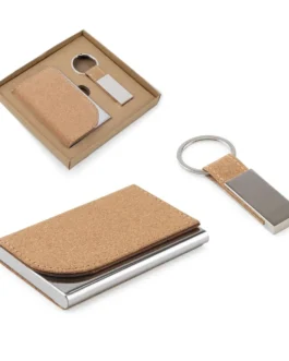 Conjunto composto por um porta-cartões e porta chaves, ambos em metal e cortiça
