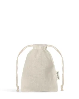 Saco pequeno com atilhos em algodão reciclado 140g/m², composto por 70% algodão reciclado e 30% RPET